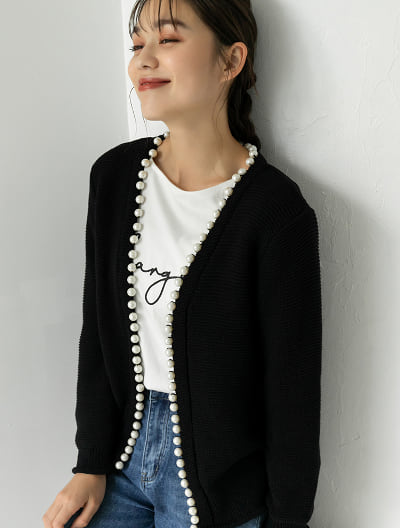 【SAORIセレクト】パールトリミングニットカーディガン